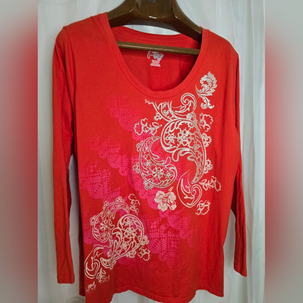 Just My Size Vibrant Red Top with Pink and Silver  Accents